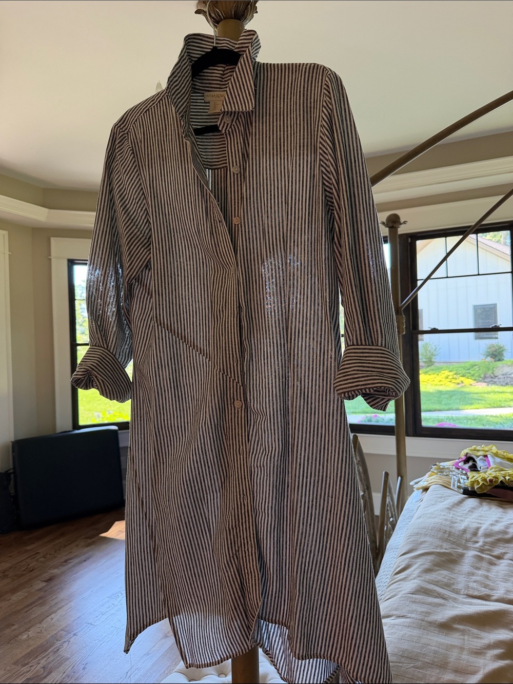 Striped Long Button-Front Shirt Dress - Black & White